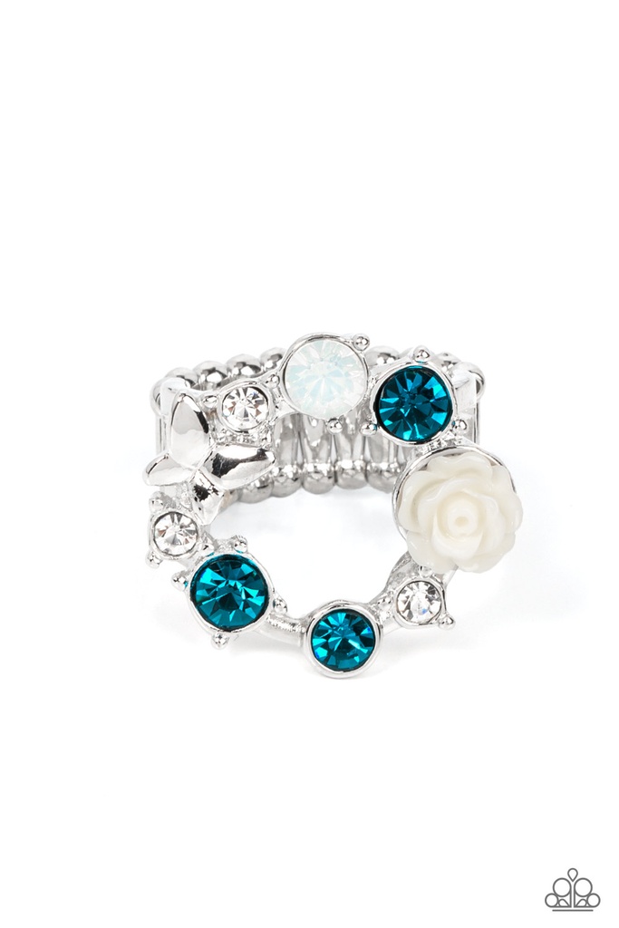 Butterfly and Flower Ring with Silver Stretch Adjustable Ring Band - Butterfly Bustle