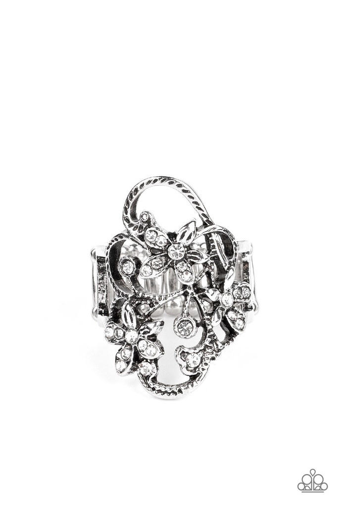 Swirl Crystal Stretch Ring with Silver Adjustable Ring Band - Flirtatiously Flowering
