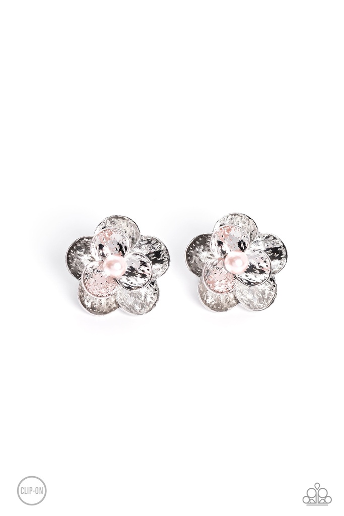 Pink Pearl Clip On Earrings in Silver Flower - Miami Magic