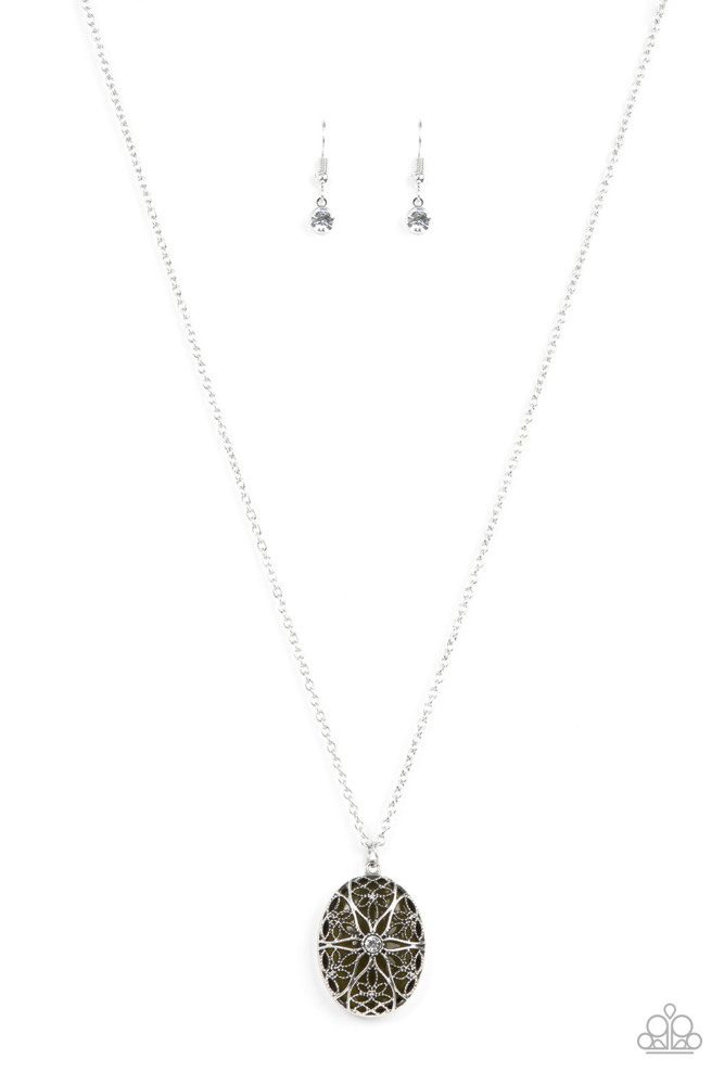 Pendant Necklace Dark Green Moonstone Floral Cage in Silver - Venice Vacation