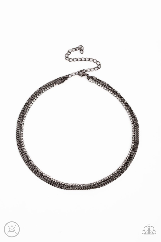 Black Layered Choker Necklace with Crystals and Gunmetal Chains - Glitzy Gusto