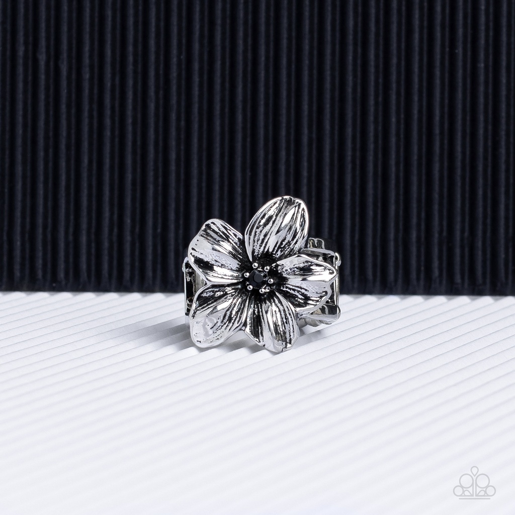 Flower Stretch Ring with Black Crystal in Silver Adjustable Ring Band - Tropical Treat