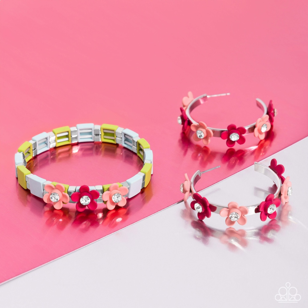 Flower Hoop Earrings with Pink and Peach Flowers in Silver - Strictly Springtime