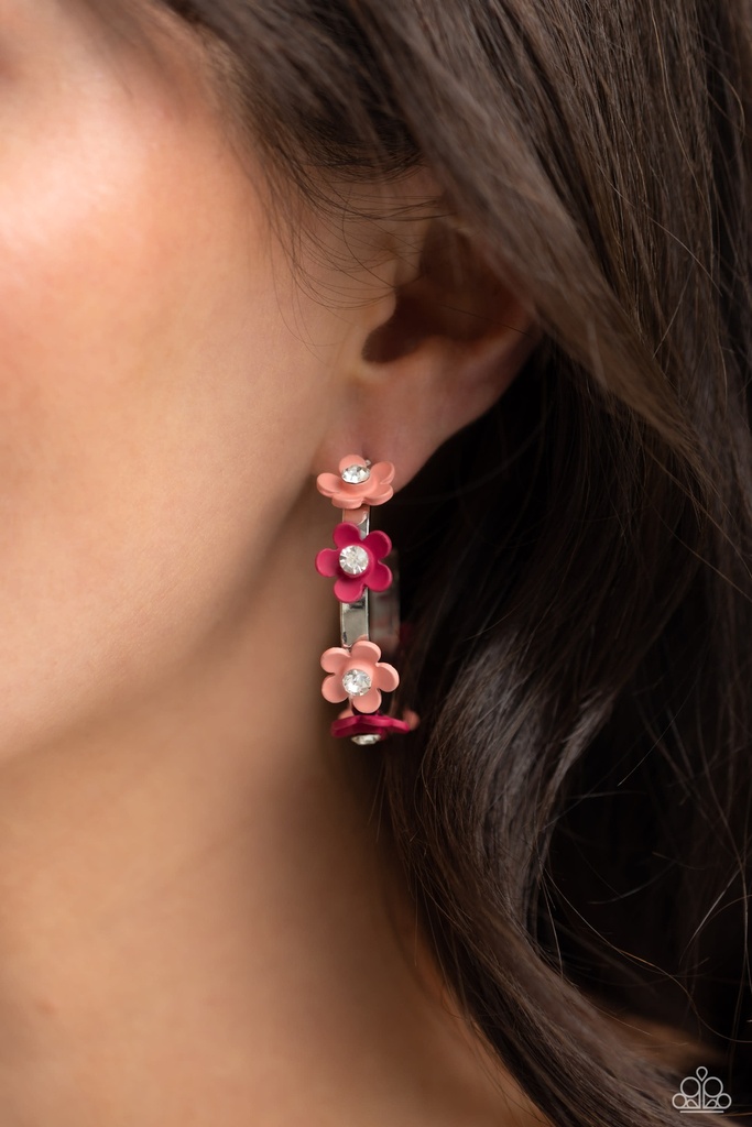 Flower Hoop Earrings with Pink and Peach Flowers in Silver - Strictly Springtime