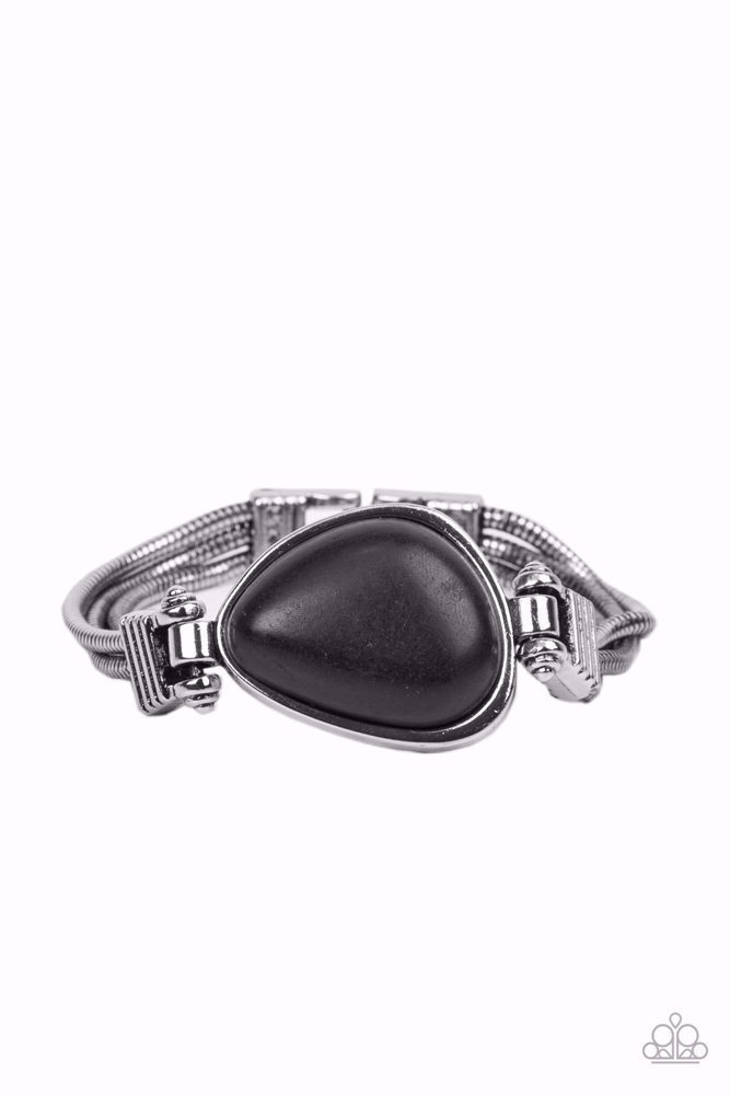 Black Stone Bracelet in Silver Chain Fold Over Clasp - Badlands Bounty
