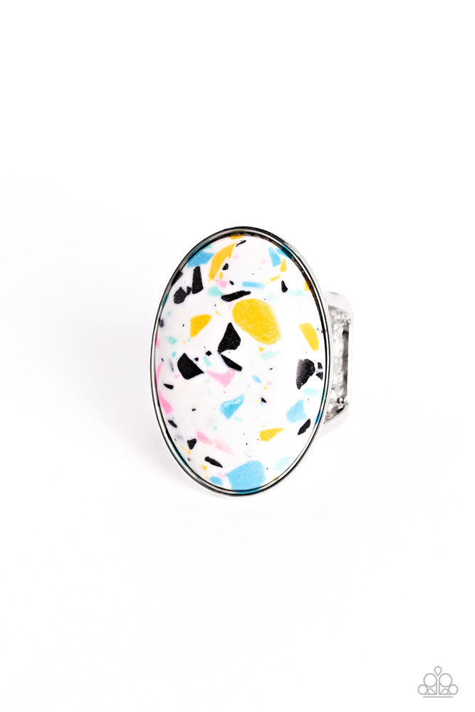 White Terrazzo Stone Stretch Ring in Silver Adjustable Ring Band - Terrazzo Tease