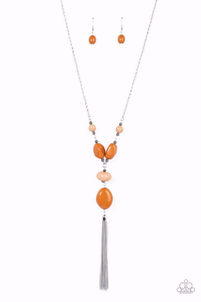 Long Necklace with Adobe Beads and Silver Tassel - Heavenly Harmony