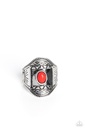 Western Stretch Ring with Red Bead and Adjustable Silver Ring Band - Panoramic Pyramids