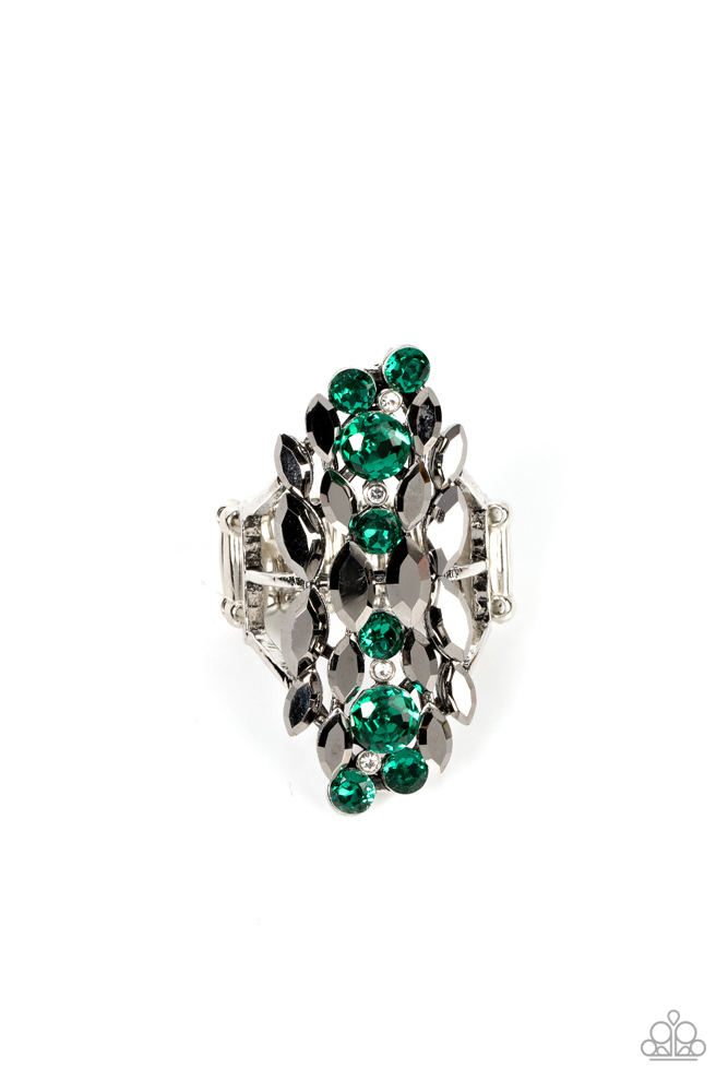Statement Knuckle Stretch Ring with Hematite and Green Crystals in Silver Adjustable Ring Brand - Smoky Smolder