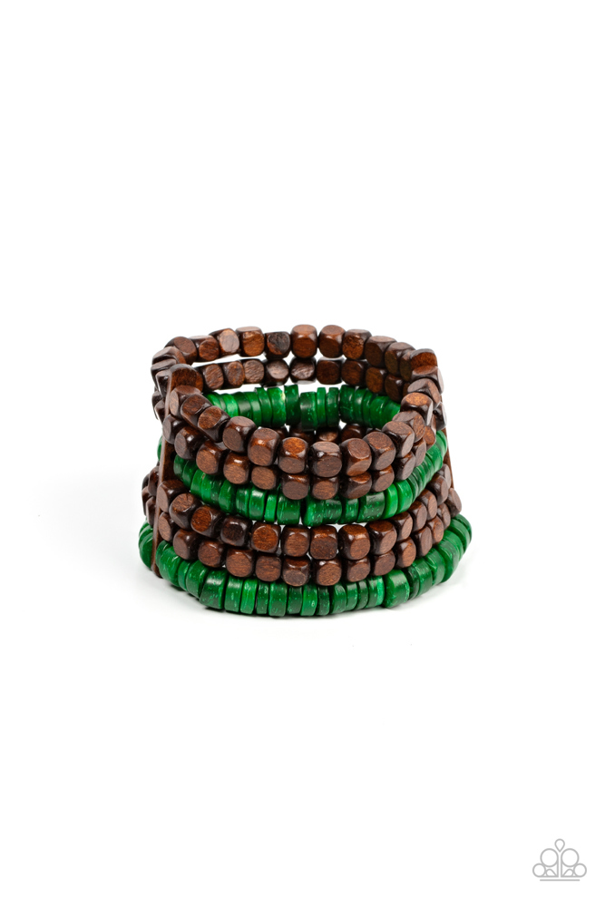 Wood Beaded Bracelet Green and Brown Stretchy - Fiji Fiesta