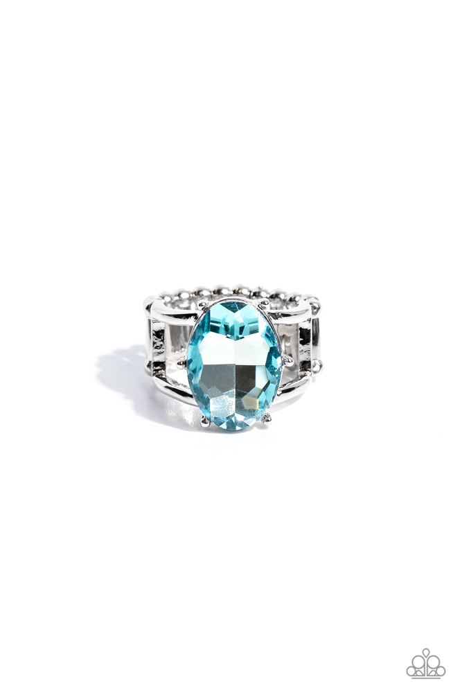 Statement Stretch Ring with Blue Prismatic Crystal in Silver Adjustable Ring Bandl - Prismatically Pronged