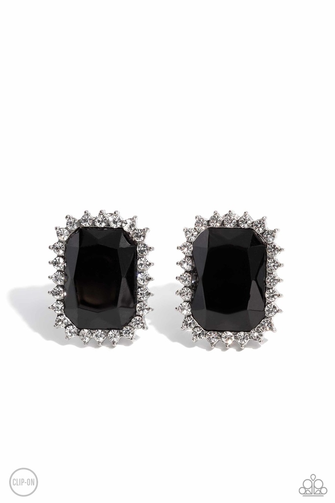 Clip On Earrings in Black Emerald Cut Gem and White Crystals Non-Pierced Earrings - Insta Famous