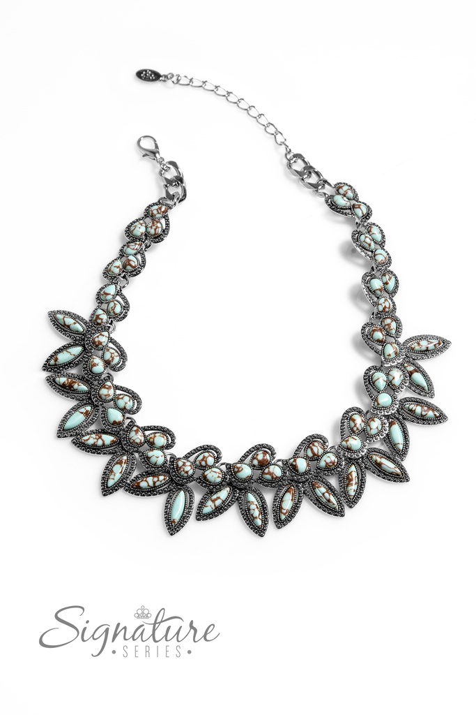 Natural Stone Statement Necklace in Blue Green Marbled in Silver Chain Zi Necklace - The April