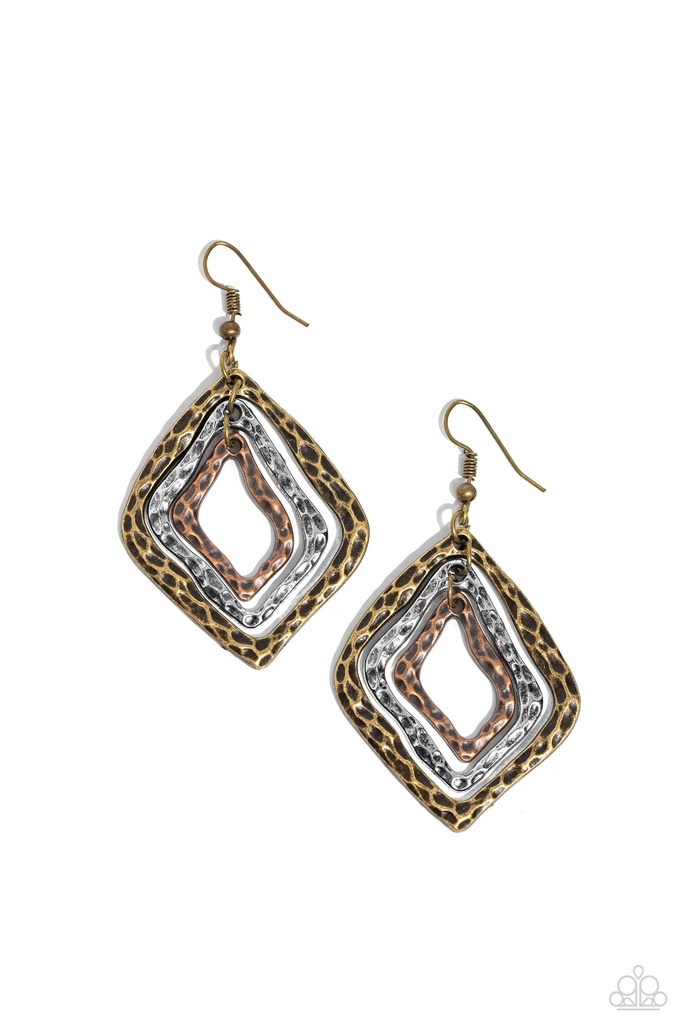Industrial Mixed Metal Earrings in Silver and Brass and Copper Dangle - Primitive Performance