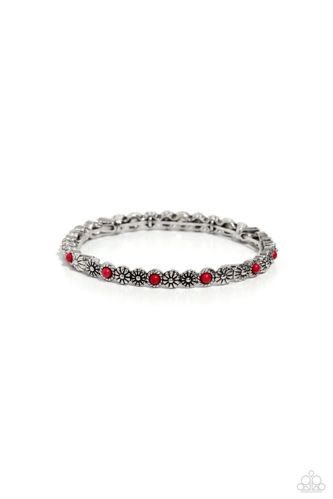 Stretch Bracelet Red Bead Flower Dainty Silver Frame - Floral Fast Lane