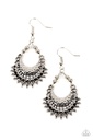 Dangle Earrings Spiky Half Moon with Black Crystals and Silver Bead Fringe in Silver Frame - Lunar Luxury