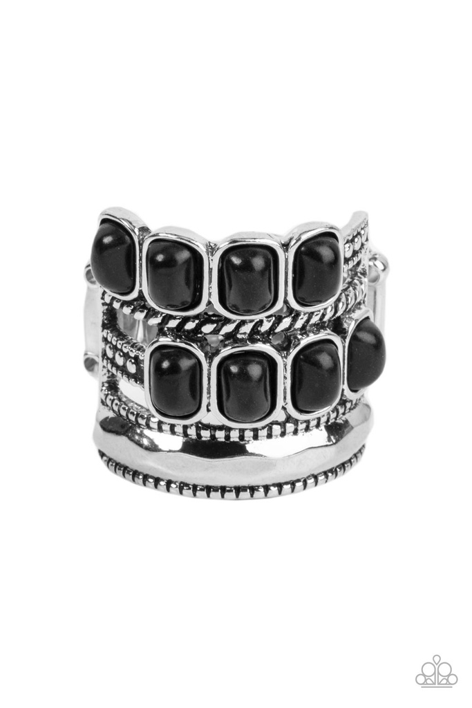Mojave Monument - Black Stone and Silver Stretch Ring