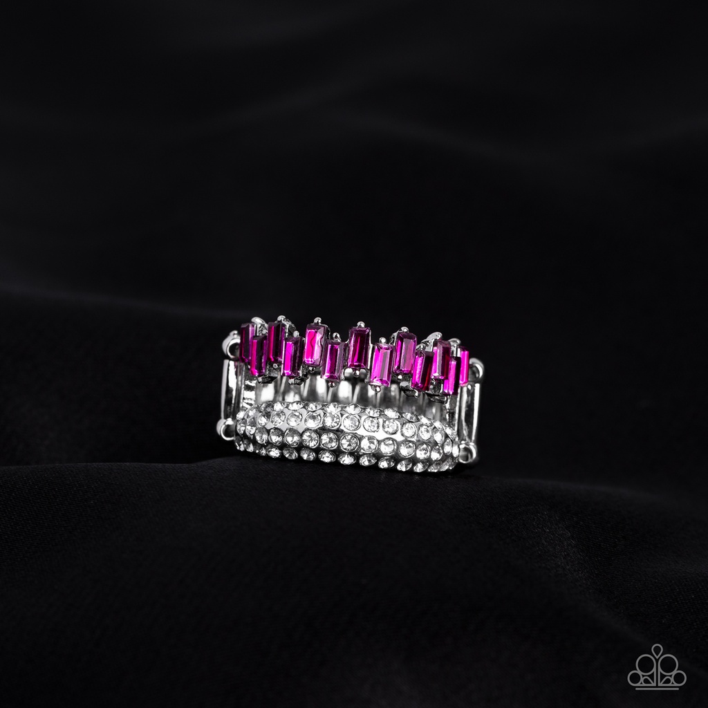 Pink Stretch Ring with Crystals Layered Style and Silver Adjustable Ring Band - Hold Your CROWN High
