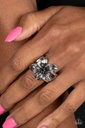Flower Stretch Ring with Black Crystal in Silver Adjustable Ring Band - Tropical Treat