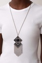 Tassel Necklace with Black Beads and Long Silver Chain - Kite Flight