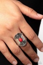 Western Stretch Ring with Red Bead and Adjustable Silver Ring Band - Panoramic Pyramids
