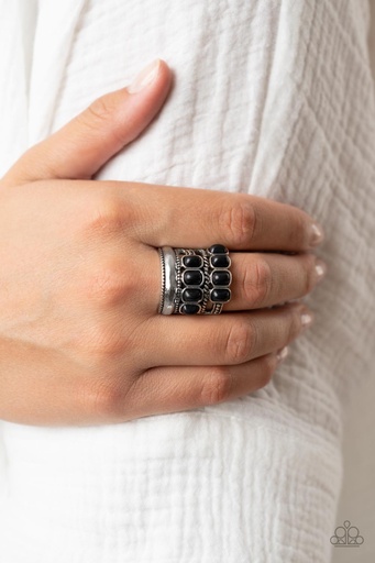 Stretch Ring with Black Stone and Silver Band - Mojave Monument