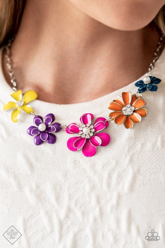 [249] Flower Necklace 3D Pink, Purple, Yellow, Orange, Blue in Silver Chain - Floral Reverie