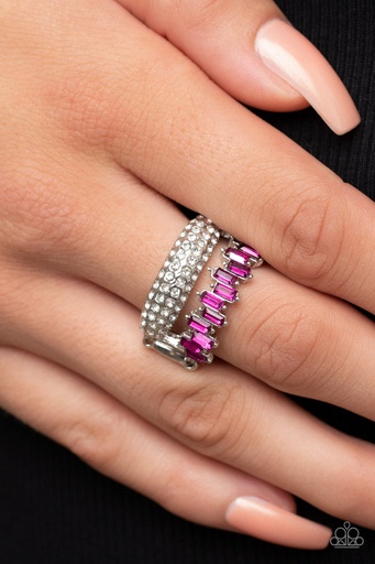 [356] Pink Stretch Ring with Crystals Layered Style and Silver Adjustable Ring Band - Hold Your CROWN High
