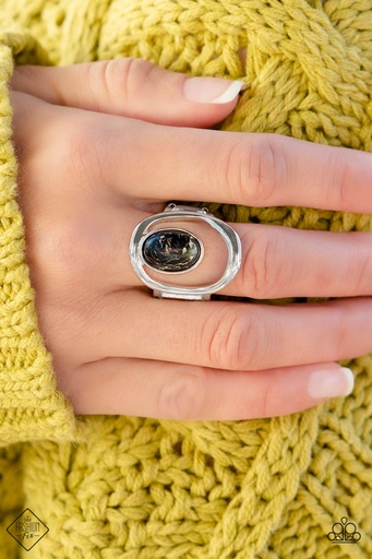 [333R] Black Stone Stretch Ring with Silver Loop Adjustable Ring Band - Marble Masterpiece