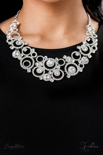 [367] Statement Necklace Crystal Bar Swirls in Silver - The Jennifer