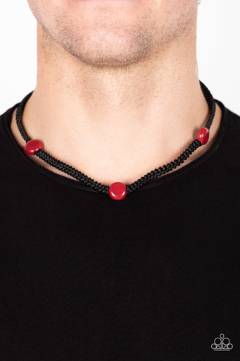 [142] Men's Necklace Urban Red Beads Black Cording - SoCal Style