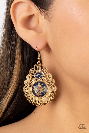 [395-E] Dangle Earrings - Gold and Dark Blue Bead with Golden Foil - Welcoming Whimsy
