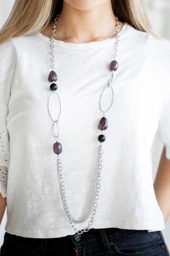 [413] Long necklace Layered with Black Beads in Silver Chains - Pleasant Promenade