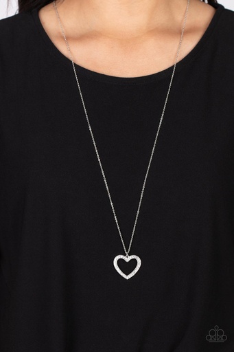 [434] Delicate Heart Necklace Pendant with Crystals - Darling - White