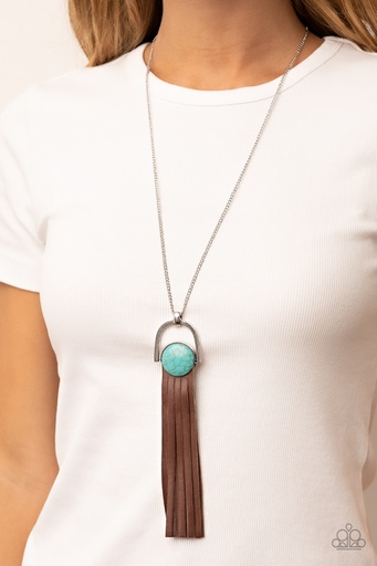 [458-N] Western Necklace Turquoise and Leather Fringe Pendant - Silver Chain - Winslow Wanderer
