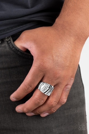 [250-R] Wide Embossed Silver Ring for Men - Stretch Ring in Adjustable Ring Band - Mirage