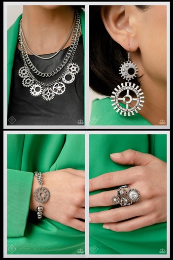 [478] Industrial Jewelry Set in Silver with Crystals - Fashion Fix - Steampunk