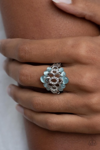 [496] Blue Moonstone Stretch Ring Silver Flowers with Adjustable Ring Band - Eden Equinox 