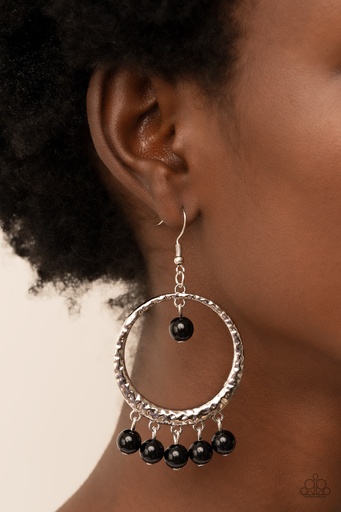 [215-E] Fringe Earrings Black Beads in Silver Dangle Loops - Luscious Luxury
