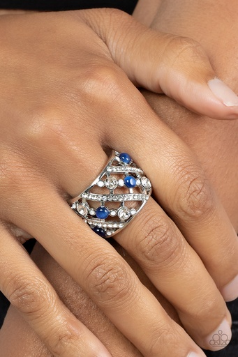 [516-R] Stretch Ring with Crystal and Blue Pearls - Bubbles for Brunch