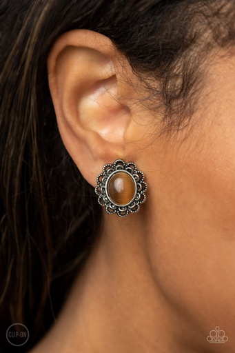 Brown Moonstone Clip On Earrings with Silver Frame - Garden Gazebo
