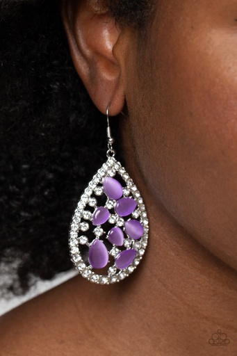 [521] Purple Moonstone Earrings with Crystals in Teardrop Silver Dangle - Cats Eye Class