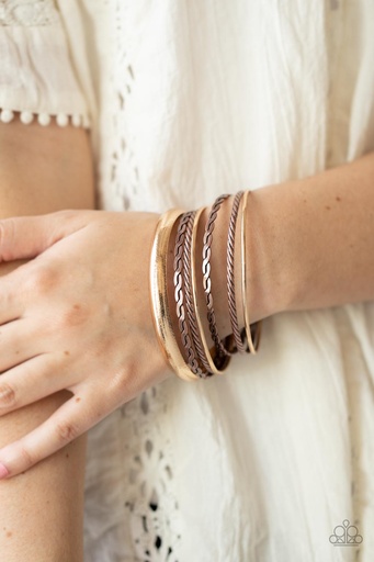 [517-B] Mixed Metal Bangle Bracelets Set in Copper and Gold - Trophy Texture