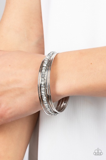 [512-B] Smokey and Hematite Crystals Silver Bangle Bracelet Set - Prismatic Pizazz