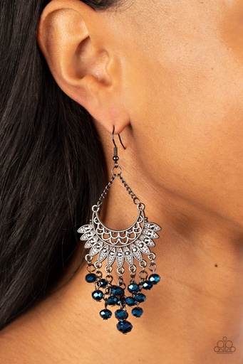 [518-E] Tassel Earrings Metallic Blue Beads and Hematite on Gunmetal Dangle - Chromatic Cascade