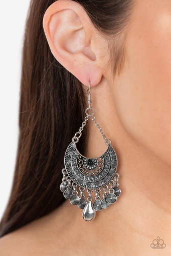 [382-E] Tribal Earrings Black Crystals on Silver Half Moon Dangle - Lunar Allure