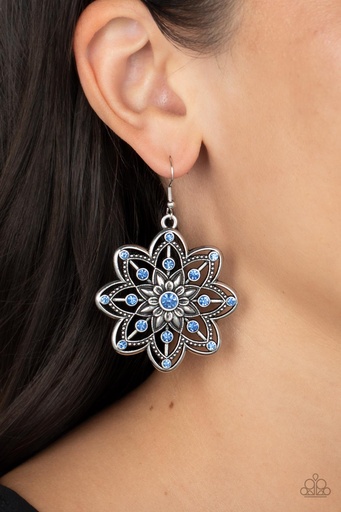 [561] Floral Dangle Earrings with Blue Crystals - Prismatic Perennial