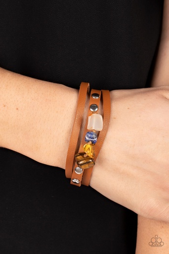 [058-B] Leather Bracelet Wrap with Tiger's Eye, Citrine, Lapis Lazuli and Quartz Stones - Creek Cache