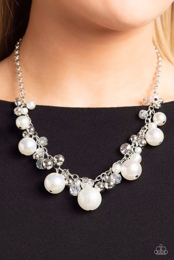 [206-N] Iridescent necklace with White and Silver Beads - Scratched Shimmer