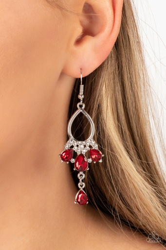 [212-E] Formal Teardrop Earrings with Red Crystals in Silver Dangle - Coming in Clutch